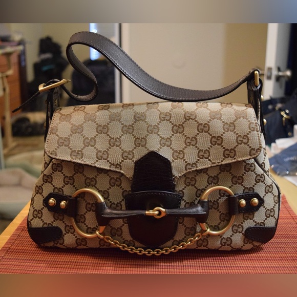 Gucci Handbags - Gucci Beige Monogram Canvas Horsebit Shoulder Bag